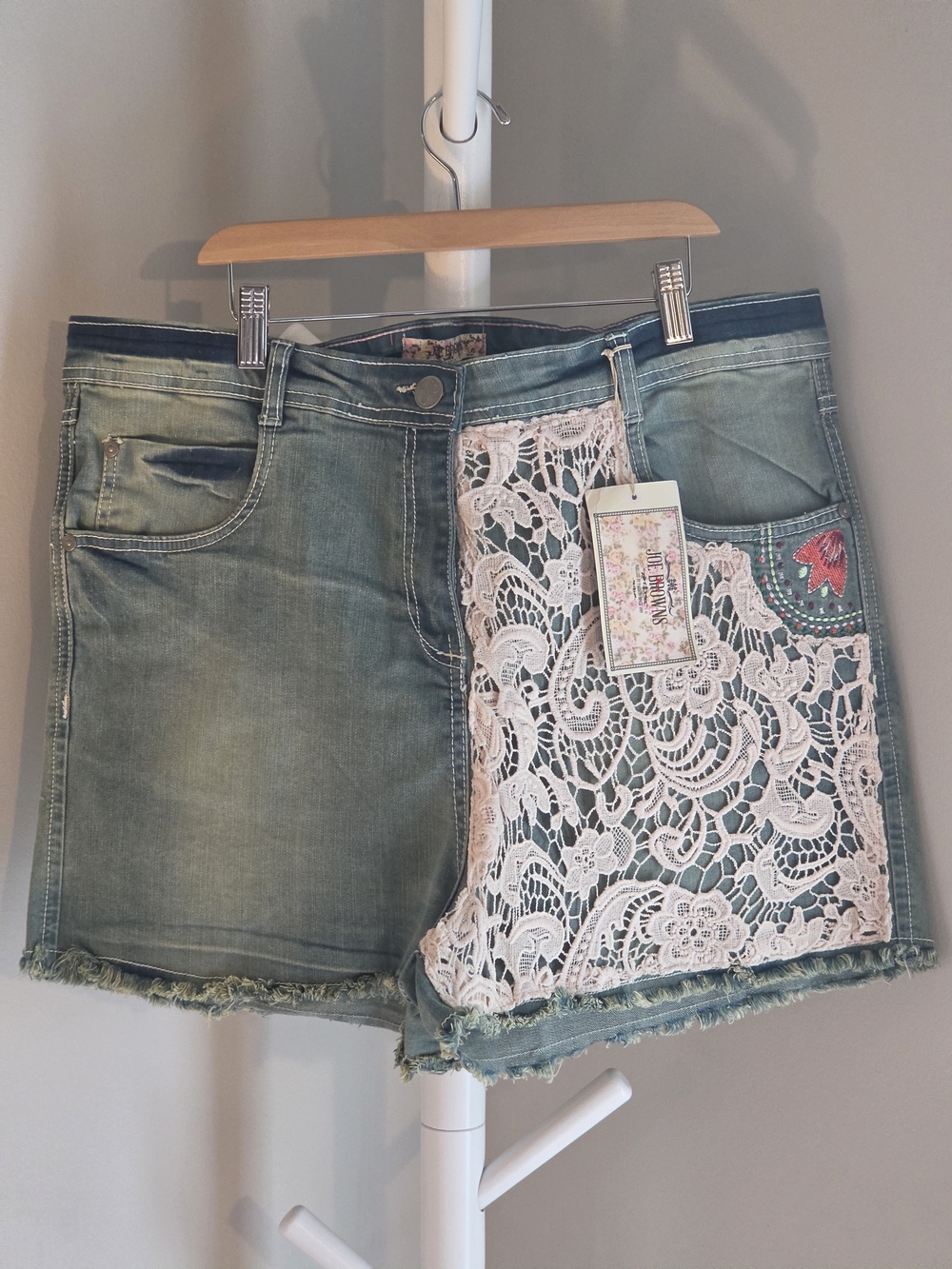Joe Browns Green Denim Shorts with White Lace Panel